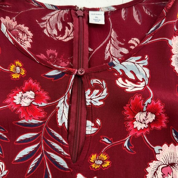 Old Navy Burgundy Floral Short-Sleeve Mini Dress XL Rayon Smocked Boho Cottage - Picture 9 of 11